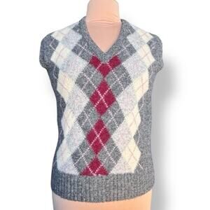 Vintage Gray Burgundy Argyle Sweater Vest High V Neck Wool Preppy Knit Unisex